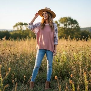 THREE BIRD NEST Floral Sleeve Long Sleeve Top - Brown and Cream SMALL